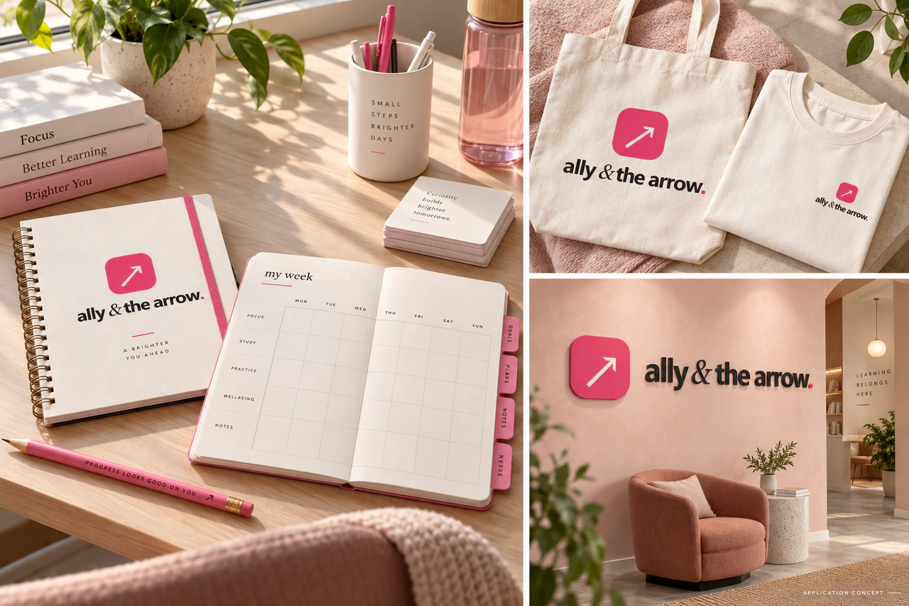Ally and The Arrow learning-brand application concept with stationery, clothing and a learning space.