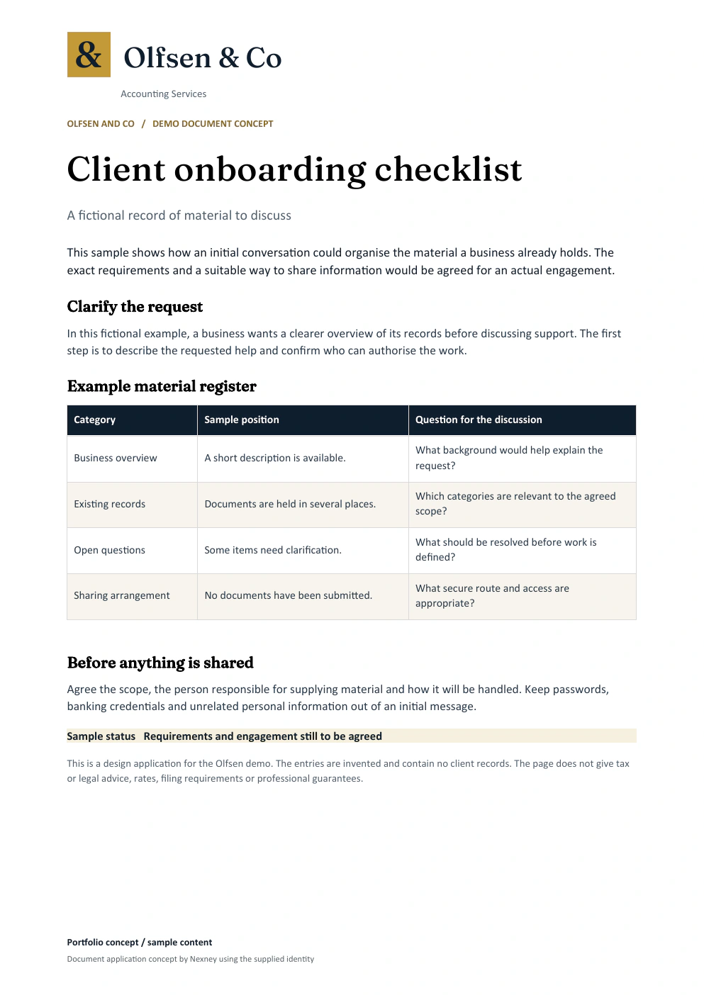 Olfsen and Co client checklist document sample.