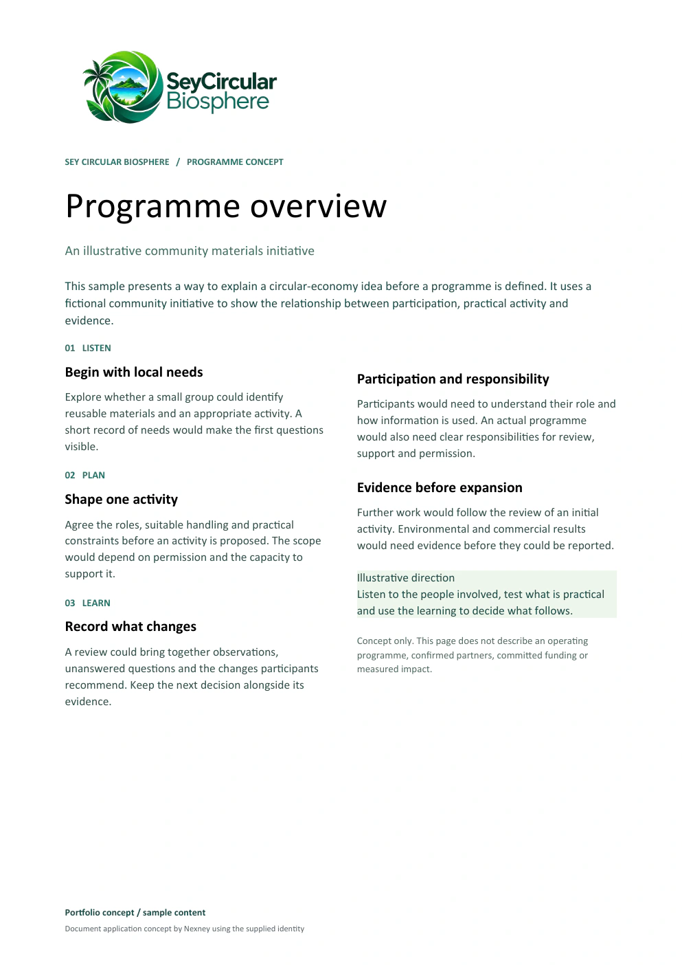 Sey Circular Biosphere programme overview document sample.