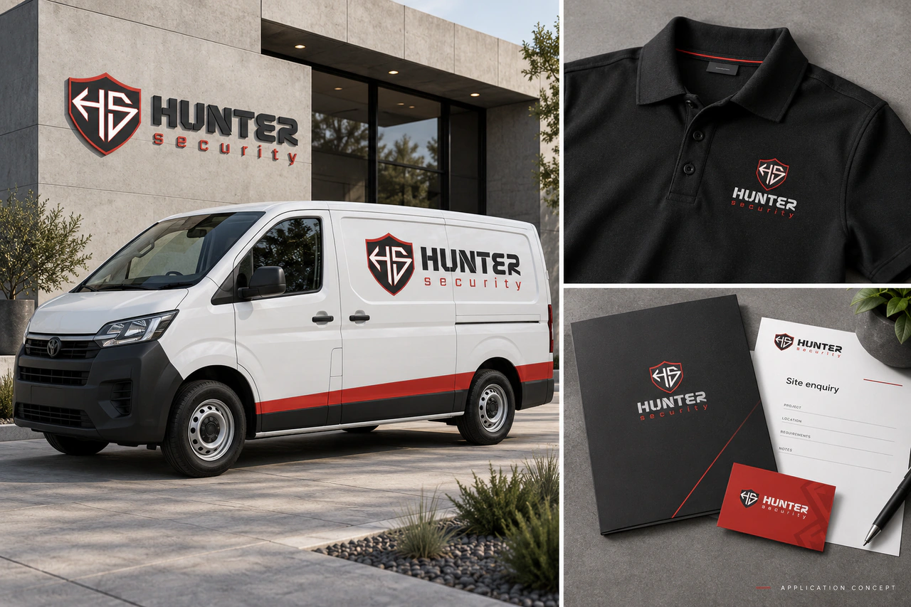 Hunter Security application concept with signage, a vehicle, workwear and business documents.