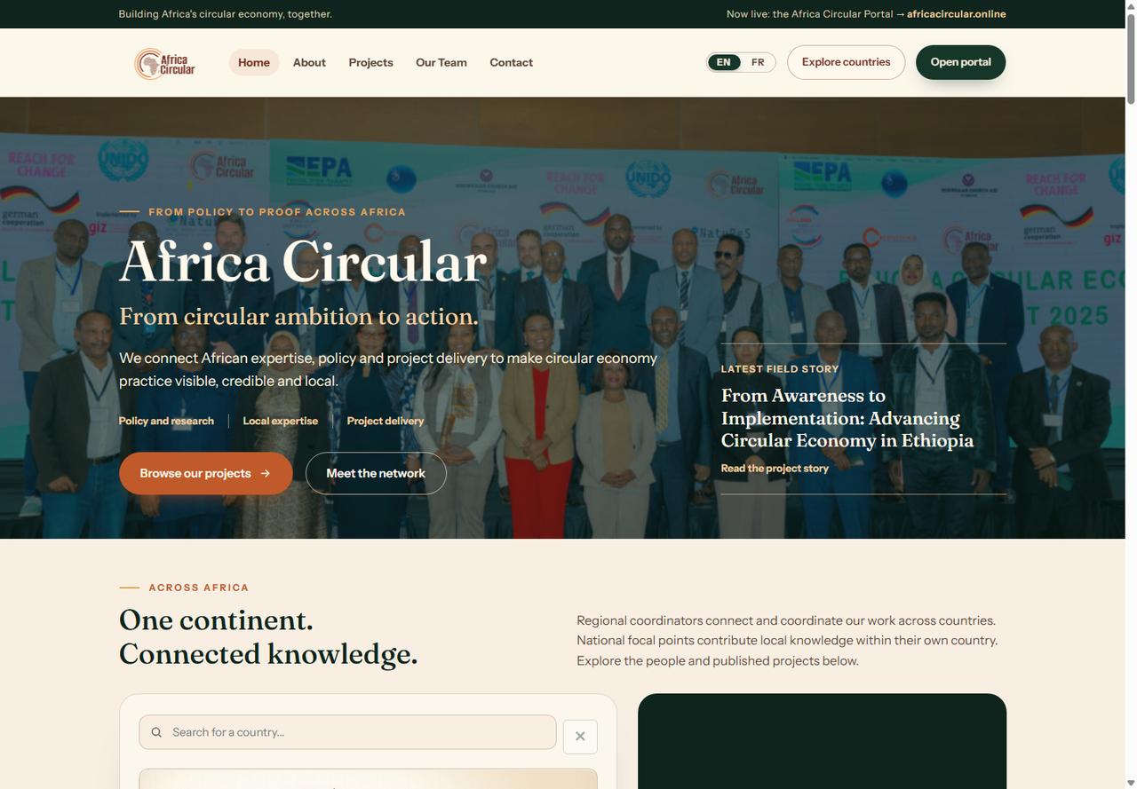Africa Circular public homepage with its introduction and routes into the organisation’s work