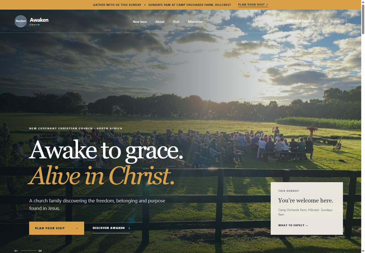 Awaken Church public homepage with its welcoming community photography
