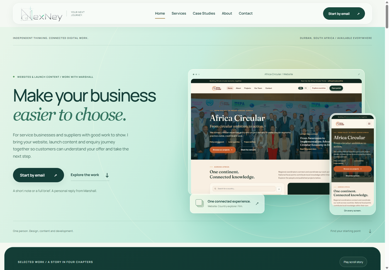 Nexney’s published homepage with the original logo and Africa Circular website presentation, captured on 4 October 2026