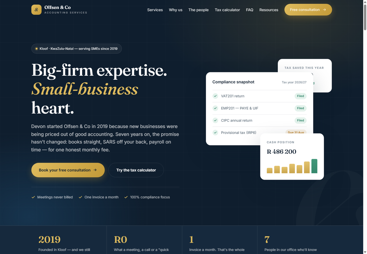 Olfsen and Co accounting demonstration in navy and gold