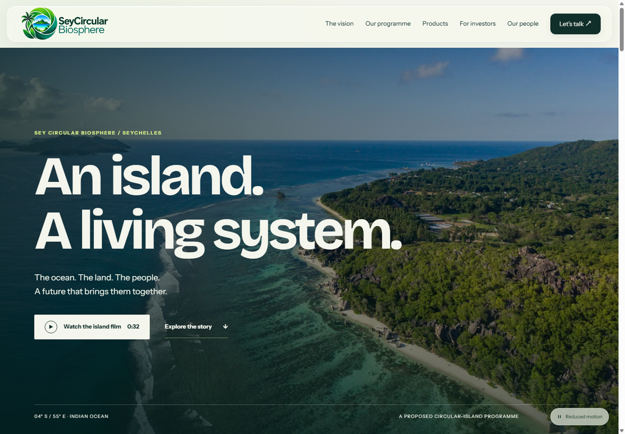 Sey Circular Biosphere’s cinematic public homepage