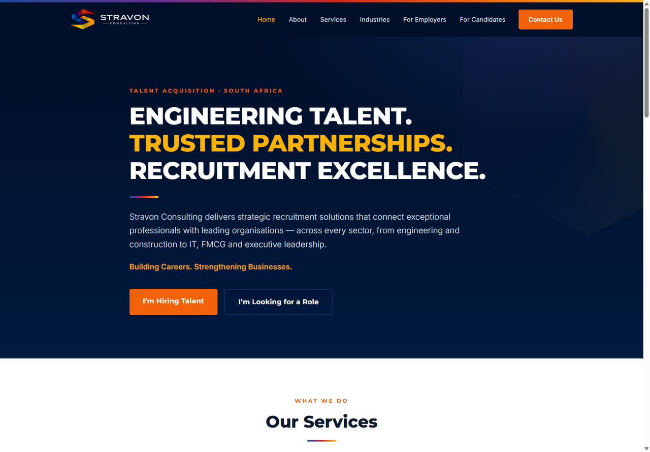Stravon Consulting’s navy website, with clear routes for employers and candidates