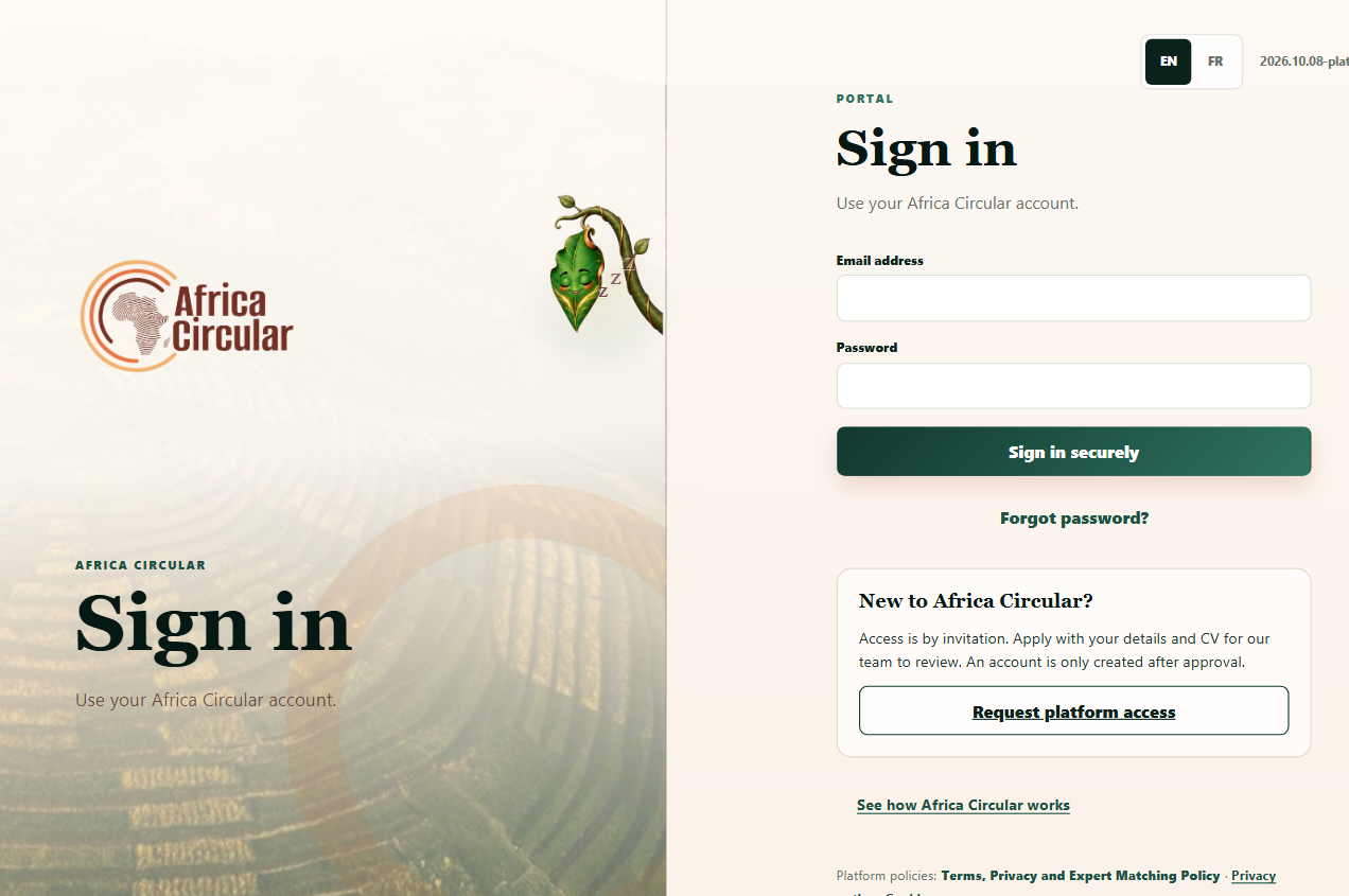Africa Circular platform public sign-in page with Circa, the platform guide